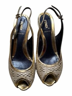 Fendi Metallic Gold Woven Peep-Toe Slingback Heels